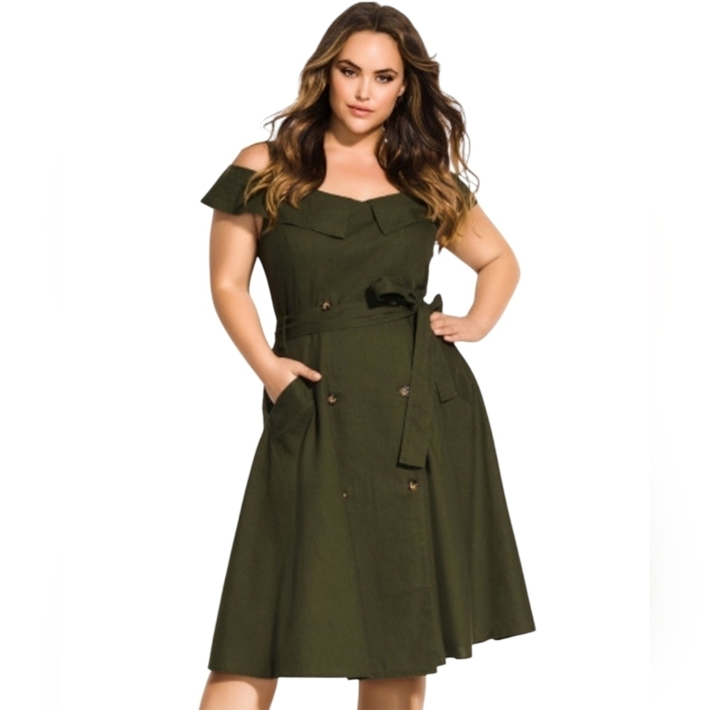 City Chic Linen Cotton Blazer Dress XXL/24 Olive Green Double-breasted Pockets